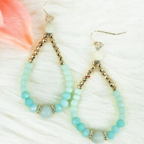 Aqua Green Teardrop Hoop Earrings Gold Accent 2.75 Inch - Picture 3 of 4